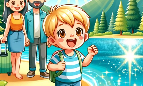 Une illustration destinée aux enfants représentant un petit garçon plein d'excitation, prêt à partir en vacances d'été, accompagné de sa famille, dans une forêt luxuriante entourant un magnifique lac étincelant sous le soleil.