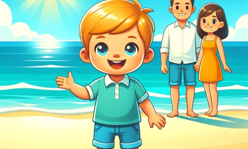 Une illustration destinée aux enfants représentant un petit garçon plein d'enthousiasme, prêt à partir en vacances d'été, accompagné de sa famille, sur une plage ensoleillée bordée par l'océan bleu azur.