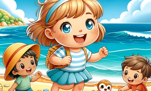 Une illustration pour enfants représentant une petite fille joyeuse et curieuse qui part en vacances à la plage avec sa famille et découvre de nouveaux amis et expériences merveilleuses.