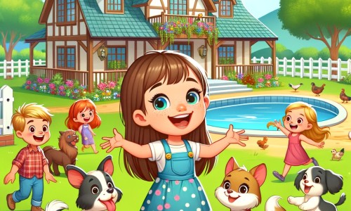 Une illustration pour enfants représentant une petite fille pleine d'enthousiasme qui part en vacances d'été dans une maison de campagne entourée de champs verdoyants et de collines.