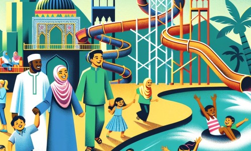 Une illustration destinée aux enfants représentant une petite fille joyeuse en vacances, accompagnée de sa famille, découvrant les merveilles d'un parc aquatique coloré avec des toboggans géants et une piscine à vagues, entourée d'enfants qui s'amusent.