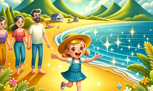 Une illustration destinée aux enfants représentant une petite fille pleine d'enthousiasme, vivant des aventures merveilleuses avec sa famille sur une plage de sable doré, entourée par l'océan bleu scintillant et des montagnes verdoyantes en arrière-plan.