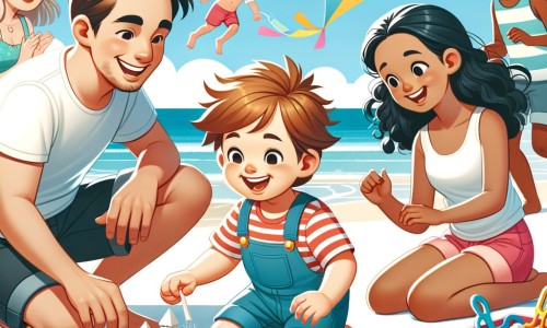 Une illustration destinée aux enfants représentant un petit garçon plein d'enthousiasme, vivant des aventures sur une plage de sable blanc, accompagné de ses parents et d'autres enfants, pendant les vacances d'été.
