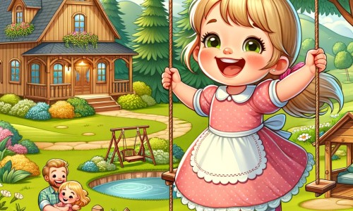 Une illustration pour enfants représentant une petite fille rayonnante de joie, vivant des aventures estivales dans une charmante maison de campagne entourée d'un magnifique jardin.