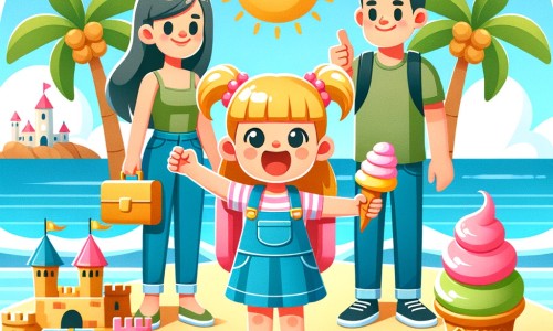 Une illustration pour enfants représentant une petite fille joyeuse qui profite de ses vacances d'été à la plage.