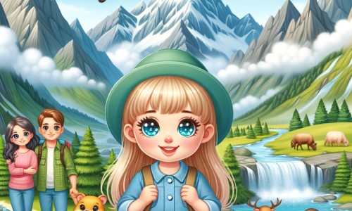 Une illustration pour enfants représentant une petite fille pleine de joie, vivant une aventure estivale au cœur des majestueuses montagnes.
