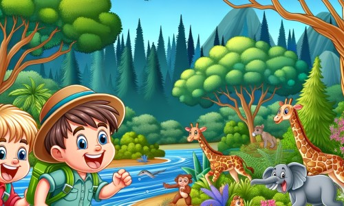 Une illustration destinée aux enfants représentant un petit garçon plein d'enthousiasme, accompagné d'un ami, explorant une forêt luxuriante avec des arbres majestueux, une rivière scintillante et des animaux curieux, lors de leurs vacances d'été.