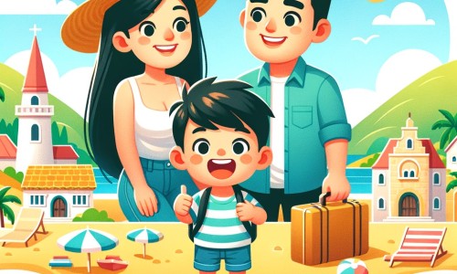 Une illustration pour enfants représentant un petit garçon plein d'excitation, en vacances d'été, dans un village en bord de mer.