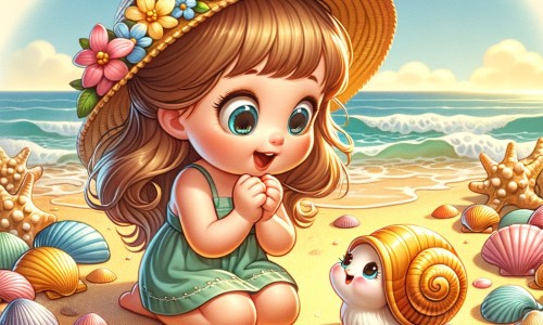 Une illustration destinée aux enfants représentant une petite fille émerveillée, entourée de coquillages et de sable doré, qui rencontre un nouvel ami sur une plage ensoleillée lors de ses vacances d'été au bord de la mer.