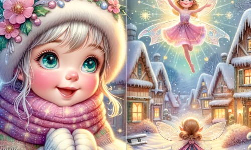 Une illustration destinée aux enfants représentant une petite fille pleine d'énergie, émerveillée par la neige qui scintille dans un petit village hivernal, accompagnée d'une fée étincelante dans un bois enchanté.