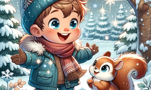 Une illustration destinée aux enfants représentant un petit garçon enthousiaste, entouré de flocons de neige étincelants, faisant la rencontre d'un adorable écureuil dans un jardin enneigé.