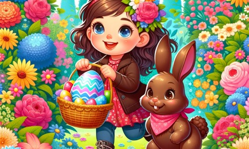 Une illustration destinée aux enfants représentant une petite fille, pleine d'enthousiasme, cherchant des œufs de Pâques avec l'aide d'un adorable lapin en chocolat, dans un magnifique jardin fleuri aux couleurs éclatantes.
