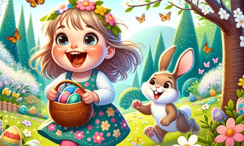 Une illustration pour enfants représentant une petite fille passionnée par Pâques qui cherche des œufs en chocolat dans un jardin mystérieux.