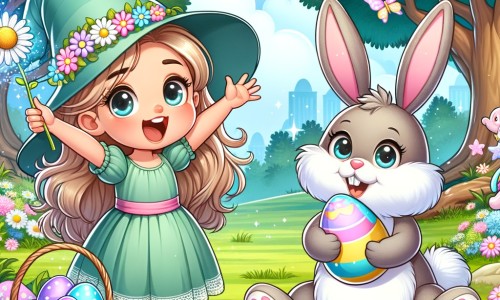 Une illustration destinée aux enfants représentant une petite fille pleine d'excitation à l'approche de Pâques, accompagnée d'un lapin en peluche magique, dans un parc verdoyant parsemé de marguerites et d'arbres majestueux.