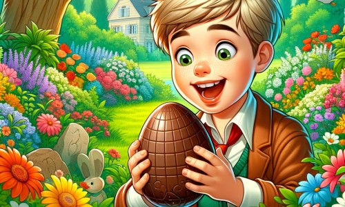 Une illustration destinée aux enfants représentant un petit garçon plein d'enthousiasme qui découvre un mystérieux œuf en chocolat lors d'une chasse aux trésors dans un magnifique jardin printanier rempli de fleurs colorées.