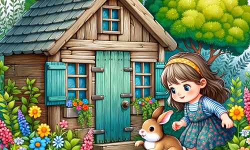 Une illustration pour enfants représentant une petite fille curieuse découvrant une cabane magique lors d'une chasse aux trésors de Pâques dans un jardin enchanté.