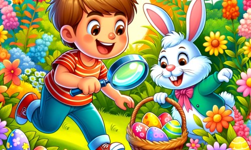 Une illustration destinée aux enfants représentant un petit garçon plein d'énergie à la recherche d'œufs de Pâques, accompagné d'une joyeuse Mme Lapin, dans un jardin fleuri aux couleurs éclatantes.
