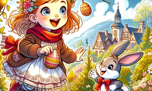 Une illustration destinée aux enfants représentant une petite fille excitée à l'idée de chercher des œufs en chocolat dans un jardin fleuri, accompagnée d'un lapin de Pâques souriant, dans une ambiance lumineuse et joyeuse.