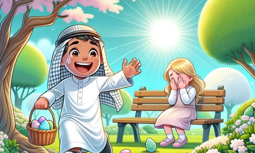 Une illustration destinée aux enfants représentant un petit garçon plein d'enthousiasme, participant à une chasse aux œufs de Pâques dans un parc verdoyant rempli d'arbres fleuris, avec en toile de fond un ciel bleu et des rayons de soleil éclatants, tandis qu'une petite fille en pleurs sur un banc attire son attention.