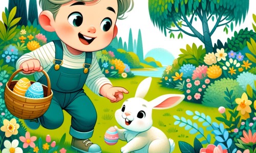 Une illustration destinée aux enfants représentant un petit garçon plein d'enthousiasme, partant à la recherche des œufs de Pâques avec l'aide d'un lapin curieux, dans un jardin luxuriant parsemé de fleurs en pleine éclosion.