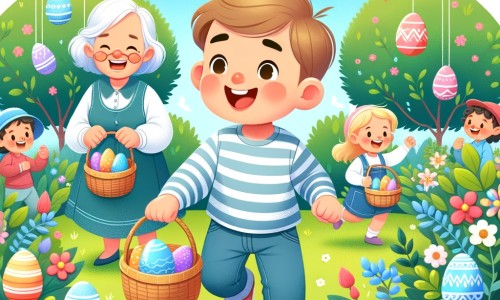 Une illustration destinée aux enfants représentant un petit garçon plein d'excitation qui participe à une chasse aux œufs de Pâques dans un jardin fleuri, accompagné de sa grand-mère et entouré d'autres enfants avec des paniers colorés.