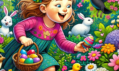 Une illustration destinée aux enfants représentant une petite fille pleine d'excitation, à la recherche d'œufs en chocolat lors d'une chasse de Pâques, accompagnée d'animaux de la nature, dans un magnifique jardin fleuri aux couleurs éclatantes.