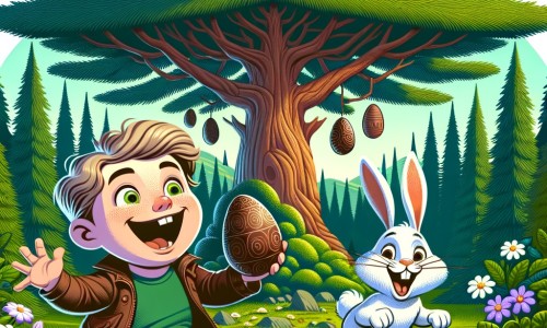Une illustration destinée aux enfants représentant un petit garçon tout excité à l'idée de chercher des œufs en chocolat dans un jardin luxuriant, accompagné d'un lapin farceur, au pied d'un grand sapin majestueux.