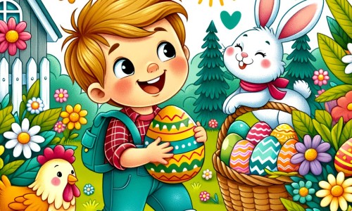 Une illustration destinée aux enfants représentant un petit garçon plein d'enthousiasme, à la recherche d'œufs de Pâques dans un jardin fleuri, accompagné du lapin de Pâques et entouré de poules colorées, dans une atmosphère joyeuse et printanière.