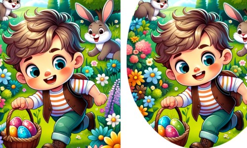 Une illustration destinée aux enfants représentant un petit garçon plein d'excitation, à la recherche d'œufs en chocolat avec l'aide de lapins farceurs, dans un jardin rempli de fleurs colorées et de buissons verdoyants.