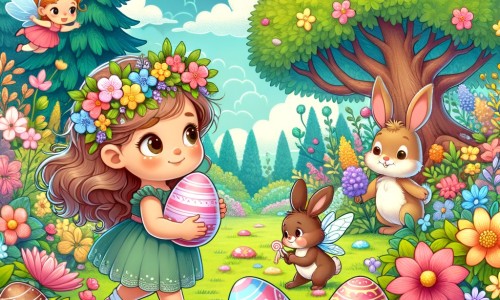 Une illustration pour enfants représentant une petite fille pleine d'énergie à la recherche d'œufs en chocolat dans un jardin enchanté.
