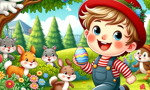 Une illustration destinée aux enfants représentant un petit garçon joyeux se lançant dans une chasse aux œufs de Pâques, accompagné d'animaux malicieux, dans un jardin printanier rempli de fleurs colorées et d'arbres majestueux.