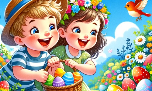 Une illustration destinée aux enfants représentant un petit garçon tout sourire, cherchant des œufs de Pâques avec sa grande sœur, dans un jardin rempli de fleurs colorées et d'oiseaux chantant joyeusement sous un ciel bleu.