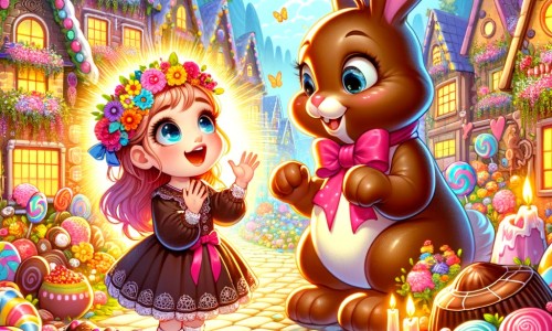 Une illustration destinée aux enfants représentant une petite fille émerveillée, entourée de chocolat et de fleurs colorées, accompagnée d'un lapin en chocolat géant, dans un village enchanteur aux maisons en bonbons et aux rues pavées de sucreries.
