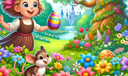 Une illustration destinée aux enfants représentant une petite fille pleine d'enthousiasme, à la recherche d'œufs en chocolat magiques, accompagnée d'une souris curieuse, dans un jardin luxuriant rempli de fleurs colorées et d'un majestueux chêne au fond.