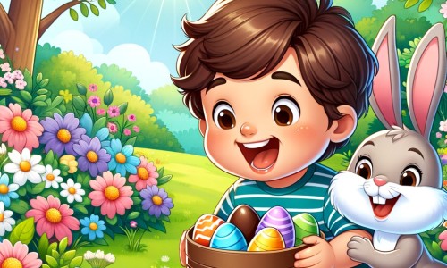 Une illustration destinée aux enfants représentant un petit garçon aux cheveux bruns, plein d'excitation, cherchant des œufs en chocolat dans un magnifique jardin printanier rempli de fleurs multicolores, accompagné d'un joyeux lapin de Pâques.