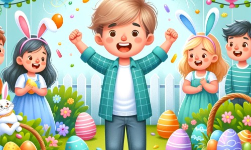 Une illustration destinée aux enfants représentant un petit garçon plein d'excitation à l'approche de Pâques, entouré de ses amis, dans un jardin coloré et décoré de guirlandes, de ballons et d'œufs de Pâques cachés.