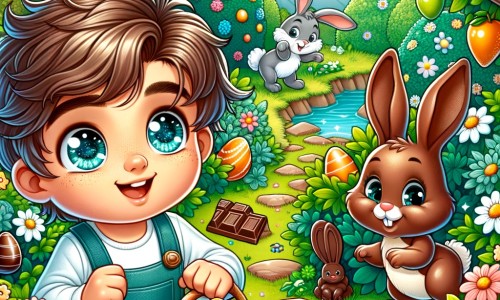 Une illustration pour enfants représentant un petit garçon plein d'énergie, vivant une aventure magique lors d'une chasse aux œufs mystérieuse dans le jardin enchanté de Chocolatville.