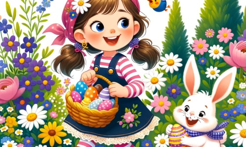 Une illustration destinée aux enfants représentant une petite fille pleine d'enthousiasme, en train de chercher des œufs en chocolat dans un magnifique jardin fleuri, accompagnée d'un adorable lapin de Pâques.