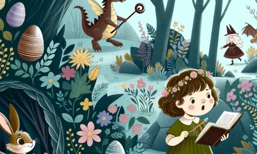 Une illustration destinée aux enfants représentant une petite fille curieuse qui se retrouve perdue dans une forêt mystérieuse après avoir suivi un lapin de Pâques, où elle rencontre une fée chocolatine et découvre une caverne remplie d'œufs en chocolat gardés par un gentil dragon.