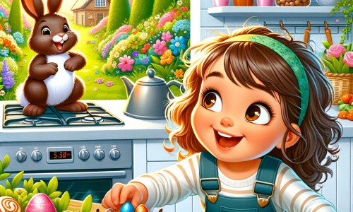 Une illustration pour enfants représentant une petite fille émerveillée qui découvre un lapin en chocolat dans le frigo, le jour de Pâques, dans son jardin.