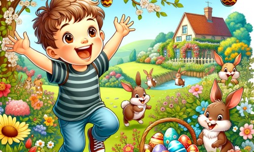 Une illustration destinée aux enfants représentant un petit garçon plein d'enthousiasme, attendant avec impatience Pâques, cherchant des œufs en chocolat dans un magnifique jardin fleuri avec des arbres en fleurs et des lapins gambadant joyeusement.