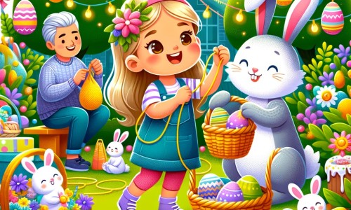 Une illustration destinée aux enfants représentant une petite fille pleine d'enthousiasme préparant Pâques avec sa famille, accompagnée d'un lapin magique, dans un jardin coloré rempli de lapins en peluche, d'oeufs en plastique et de guirlandes de Pâques.