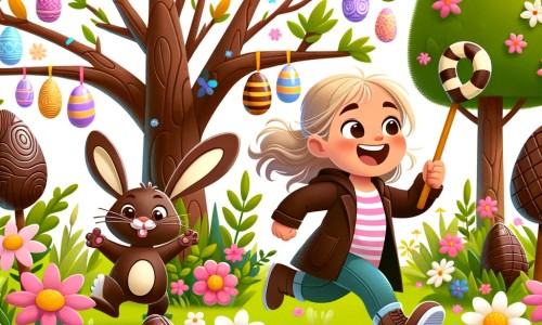 Une illustration pour enfants représentant une petite fille pleine d'excitation à l'approche de Pâques, découvrant un monde enchanté rempli de chocolat dans son propre jardin.
