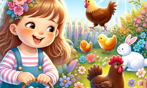 Une illustration destinée aux enfants représentant une petite fille joyeuse, entourée de lapins colorés et de poules en chocolat, dans un jardin fleuri et ensoleillé, préparant une chasse aux œufs pour célébrer Pâques.