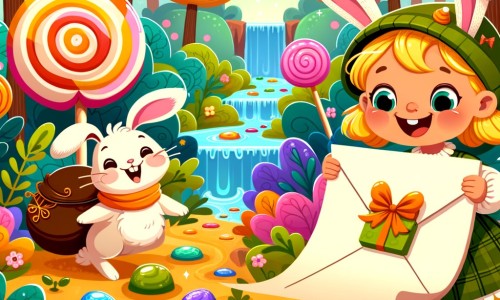 Une illustration pour enfants représentant une petite fille enthousiaste se lançant dans une chasse au trésor sucrée lors d'une journée magique de Pâques dans la mystérieuse Forêt du Chocolat.