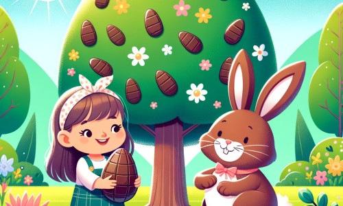 Une illustration destinée aux enfants représentant une petite fille joyeuse, accompagnée d'un adorable lapin en chocolat, découvrant un immense arbre en chocolat dans un jardin fleuri, lors d'une journée ensoleillée de Pâques.