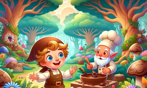 Une illustration pour enfants représentant un petit garçon curieux à la recherche du mystère de la fabrication des chocolats de Pâques, dans un village pittoresque entouré d'une forêt enchantée.