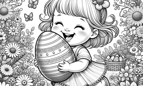 Une illustration pour enfants représentant une petite fille passionnée par la chasse aux œufs de Pâques, découvrant un œuf magique dans le jardin familial.
