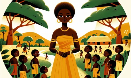 Une illustration destinée aux enfants représentant une femme au teint doré, entourée d'une savane luxuriante et de villageois reconnaissants, dans un petit village au cœur de l'Afrique, où la sagesse et la justice prennent vie.