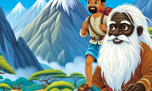 Une illustration destinée aux enfants représentant un homme courageux et curieux, se tenant au sommet de montagnes escarpées, accompagné d'un sage barbu aux yeux pétillants de sagesse, dans un village africain entouré de montagnes majestueuses et de forêts denses.